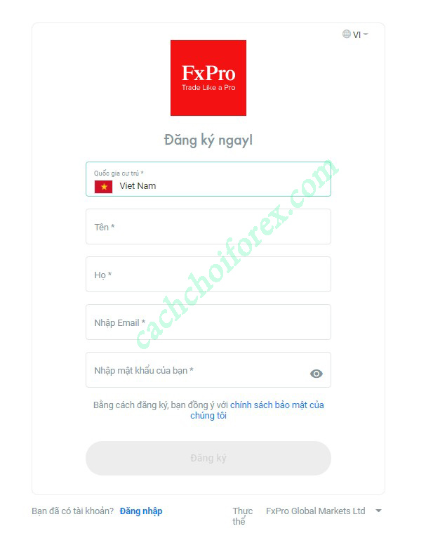 Nhấn vào đăng ký để mở tài khoản forex demo trên Fxpro